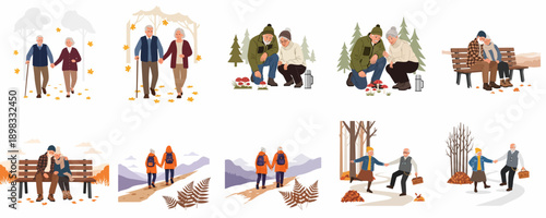 Collection of active senior couples enjoying autumn and winter outdoor activities like walking, hiking, resting, and nature exploration.