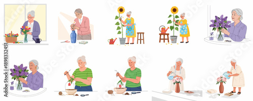 Happy Senior Women Engaged in Floral Hobbies: Arranging Tulips, Lilacs, Sunflowers, and Peonies, Gardening, and Plant Care.