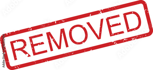 A striking red rectangular rubber stamp showing the word REMOVED with a textured grunge effect on white