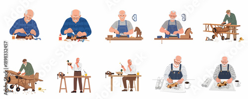 Elderly men woodworking illustrations set. Seniors crafting handmade wooden toys, including airplanes, cars, and animals, as a creative retirement hobby and skillful handicraft.