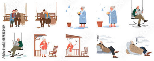 Senior couples and individuals relaxing during rainy and stormy weather. A set of vector illustrations showing cozy elderly leisure activities.