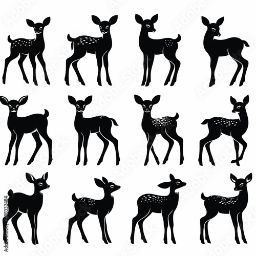 A repeating pattern showcasing twelve black silhouettes of young deer in various poses