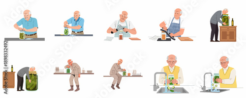 Senior man struggling to open a jar lid, examining pickles, using a jar opener, and washing food, illustrating various daily activities.