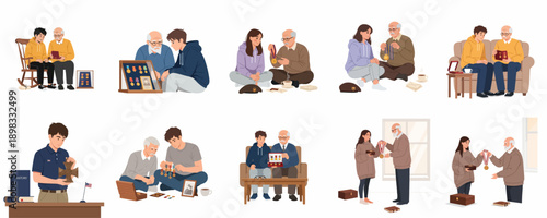 Collection of illustrations showing veterans sharing military medals and history with their grandchildren, emphasizing family connection, honor, memory, and respect.