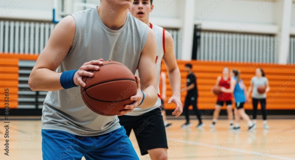 Naklejka premium Teenage basketball players in action during a competitive indoor game on a wooden court