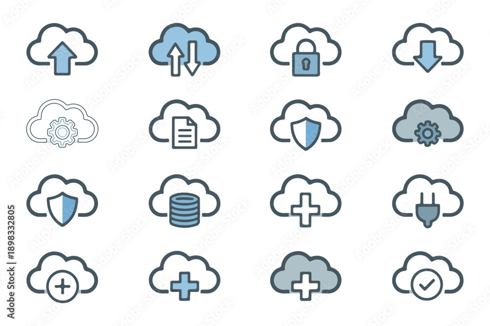 Obraz premium Cloud computing vector icons with blue accents for modern web and app interface designs