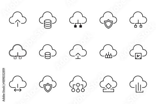 Outline cloud computing icons showing various network and data service concepts