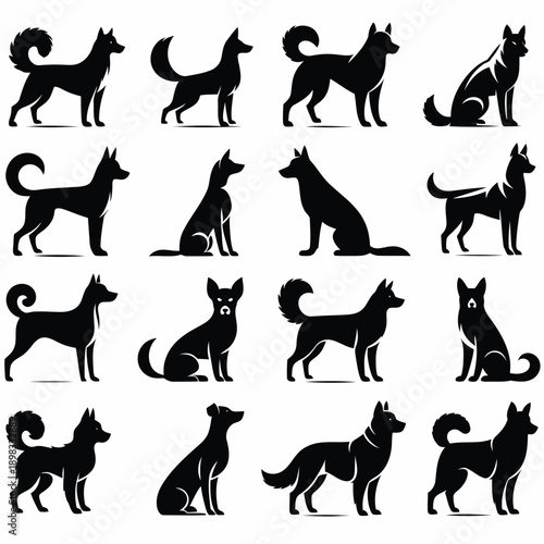 Silhouettes of various dog breeds arranged in a grid showcasing canine forms