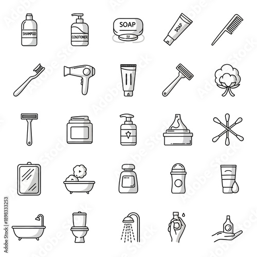 Black and white bathroom toiletries icons.