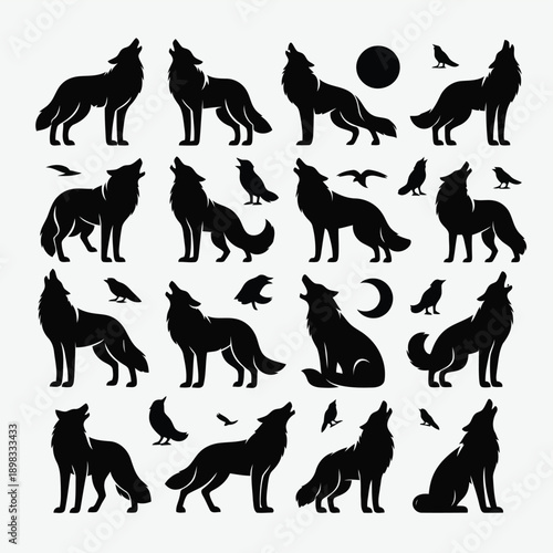 Silhouettes of wolves ravens and celestial bodies create a nocturnal wilderness scene