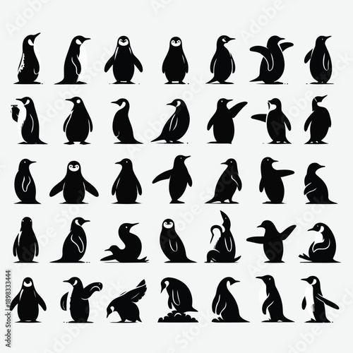 A collection of diverse penguin silhouettes depicting various poses and movements high quality