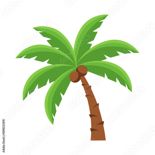 Vibrant cartoon palm tree with coconuts on white background, tropical illustration
