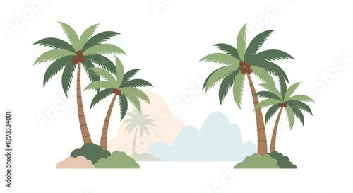 Tropical Paradise Island with Palm Trees and Soft Hills, Flat Design