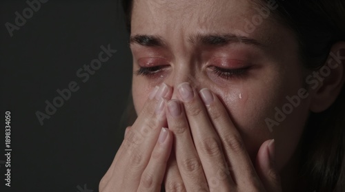 Wallpaper Mural Upset Woman Covering Her Face Crying with Tears Streaming Down Her Cheeks Demonstrating Intense Sadness Torontodigital.ca