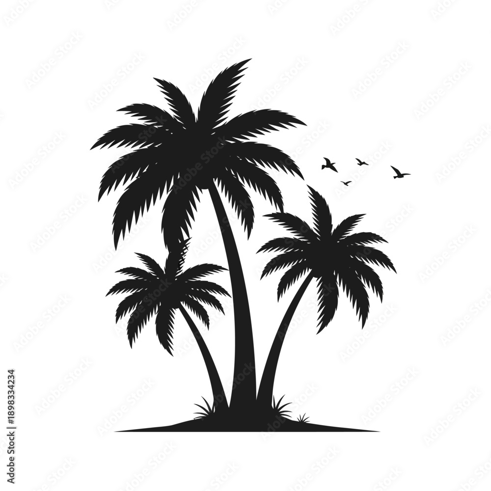 Fototapeta premium Tropical island silhouette with palm trees and birds flying in the sky