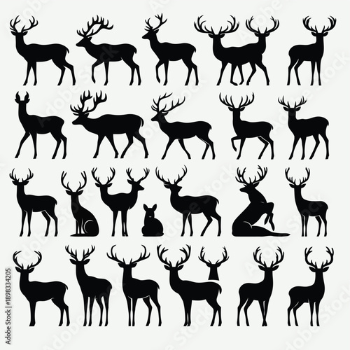 A collection of detailed black silhouettes showcasing various poses of deer and one fox