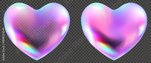 3D Vector holographic hearts with futuristic liquid gradient and lens flare, iridescent mesh refraction with rainbow prism glow and diamond sparkle on isolated background.