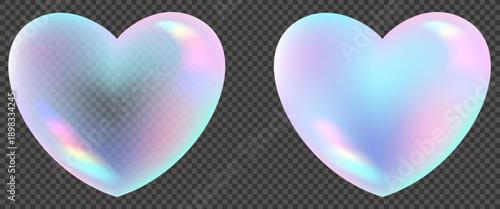 3D Vector blue holographic hearts with diamond sparkle effect and lens flare, iridescent mesh gradient with light refraction and prism glow on isolated background.