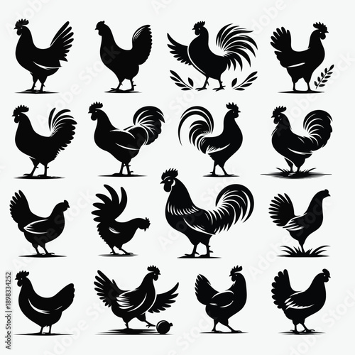 A collection of black silhouettes depicting various rooster and hen poses and profiles
