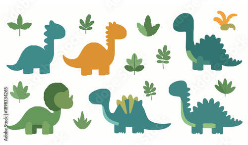 Children dinosaur cartoon vector collection with cute prehistoric animals and plants isolated on white background