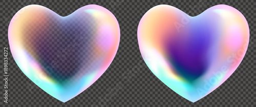 3D Vector vibrant holographic hearts with rainbow prism glow and lens flare, iridescent mesh gradient with light refraction and diamond sparkle effect.