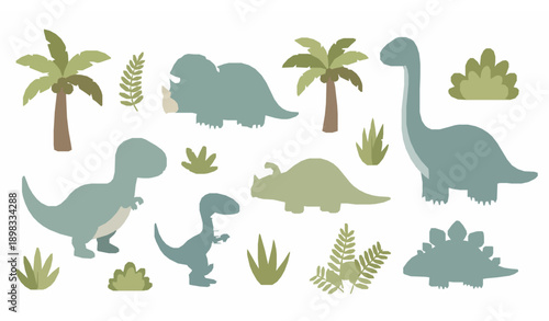 Cute cartoon dinosaurs vector set with prehistoric plants for kids illustrations isolated on white background