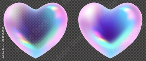 3D Vector pastel holographic hearts with soft lens flare and mesh gradient effect, iridescent rainbow prism glow with diamond sparkle on isolated background.