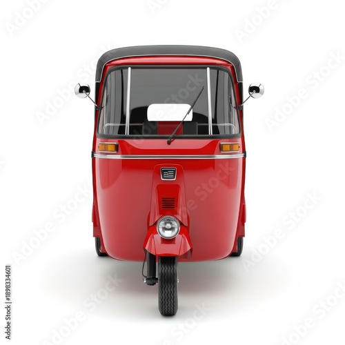 Red 3D Render Auto Rickshaw Front View, Three-Wheeled Taxi, Traditional Asian Transport, isolated on white