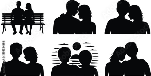 Romantic couple silhouette icon set featuring sitting leaning shoulder hug and emotional poses love relationship symbols vector illustration design collection