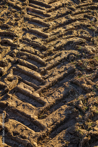 Muddy tractor tire tracks on agricultural field
