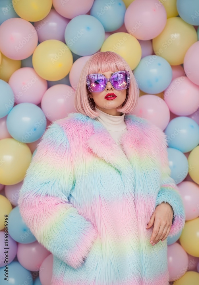 Obraz premium Fashionable Model in Colorful Fur Coat Posing Against Pastel Balloon Background