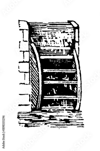Konstfotografi Traditional water wheel with curved paddles, set against a brick structure, old vintage illustration, 1897