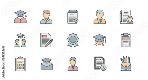 Education and Career Icons: Graduation Caps, People, Documents, Pencils