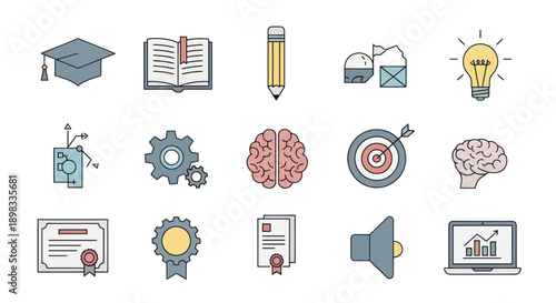 Education, Ideas, Business Icons Set: Graduation Cap, Book, Brain, Lightbulb, Laptop