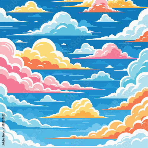 A vibrant digital illustration depicting a colorful, cloudy sky