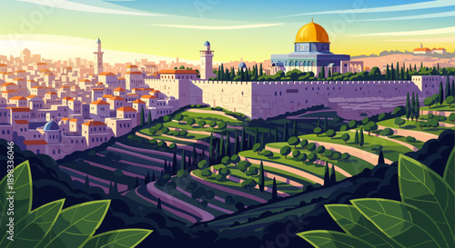 Vibrant vector illustration of a historic Middle Eastern city at sunrise, showcasing ancient architecture, terraced landscapes, and cultural heritage