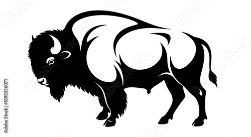 A modern vector illustration of a bison in a logo style, isolated on a white background, viewed from the side.