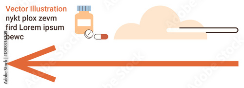 Healthcare, medication, pharmacy, direction, delivery, treatment. A pill bottle, capsules and directional arrow against a soft background. Healthcare and medication delivery concept