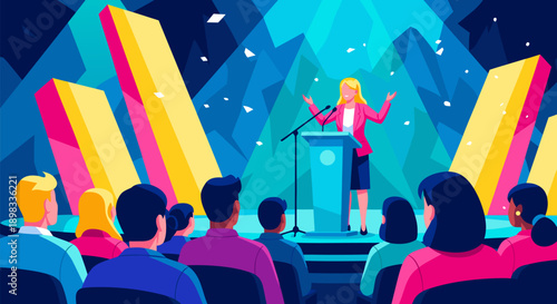 Dynamic vector illustration of a professional woman giving a speech at a corporate conference, engaging an attentive audience in a vibrant event setting