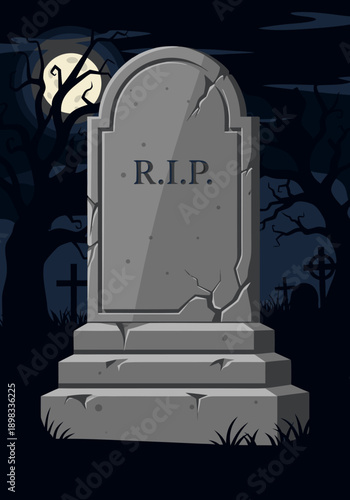 Spooky graveyard vector illustration old stone tombstone with R.I.P. inscription, dark trees, and full moon under a Halloween night sky