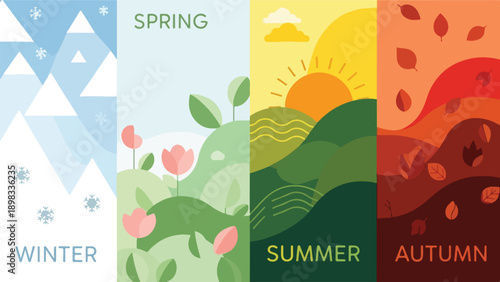 A vibrant, four-paneled depiction of the four seasons in a minimalist design