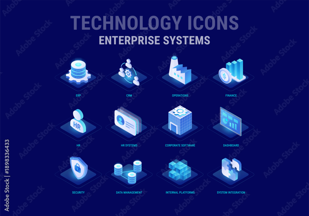 Fototapeta premium Technology icons set for Enterprise Systems workflow diagram - ERP, CRM, HR, Operations, Data Management, Internal Platforms, Finance, Security Dashboard - high quality isometric vector