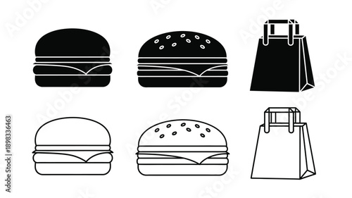 Black and white icons of burgers and a shopping bag silhouette