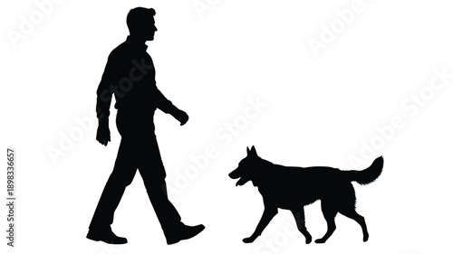 A man walking his german shepherd dog depicted as a silhouette
