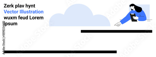 Digital data storage, cloud computing, file sharing, content creation, communication, teamwork. Minimalist design a person pointing to a cloud and text. Cloud computing and file sharing theme