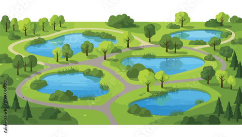 A vibrant illustrated park with water features, paths, and trees