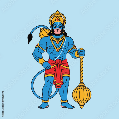 Quadro su tela A vibrant illustration depicts a blue deity with golden adornments holding a mac