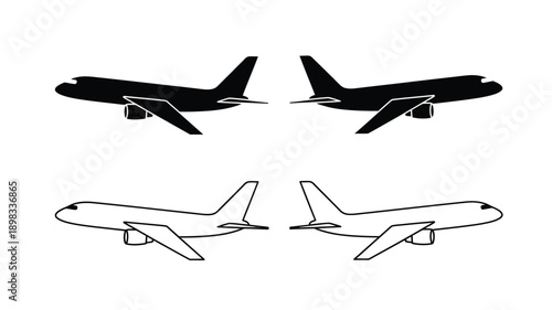 Two pairs of airplanes depicted in a minimalist black silhouette