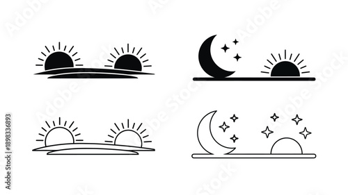 Minimalist sun and moon icons depicting day and night silhouette