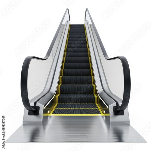 Empty escalator with black steps and silver railings, glowing yellow light at bottom, isolated on white